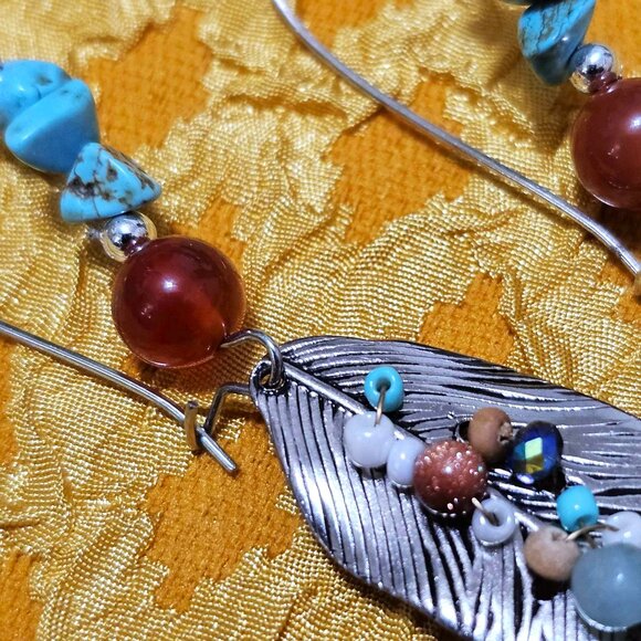 Artisan Earrings Southwestern Silver Feathers Turquoise Carnelian Multi Beaded - Picture 8 of 10